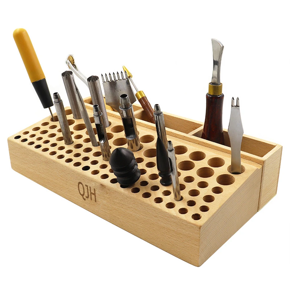 QJH Handwerkzeughalter-Box mit 46/98 Löchern, Organizer, Holzständer für Lederhandwerk, Stanzwerkzeuge, Schnitzwerkzeuge, Bohrer-Aufbewahrung – Detail 16