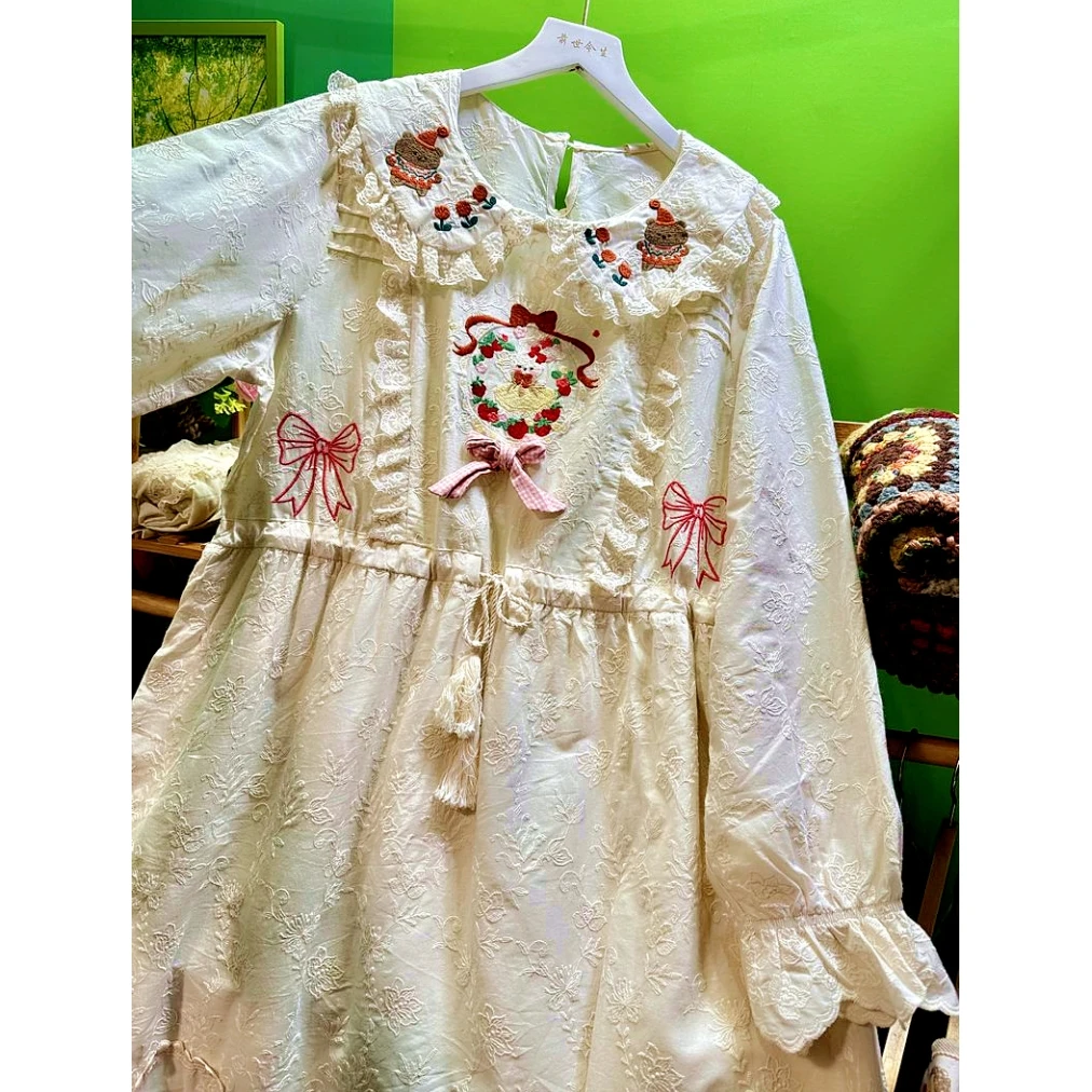 

Goblincore Cotton Lace Embroidery Evening Long Dress Female Vintage Retro Mori Girl Lolita Kawaii Sweet Cottagecore Midi Dress