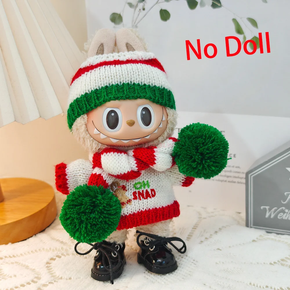 17cm Macaron Labubu The Monster V1/V2 Christmas Cartoon Cookies Sweater Hat Set Kawaii Doll Clothes Dressup Girl Surprise Gift