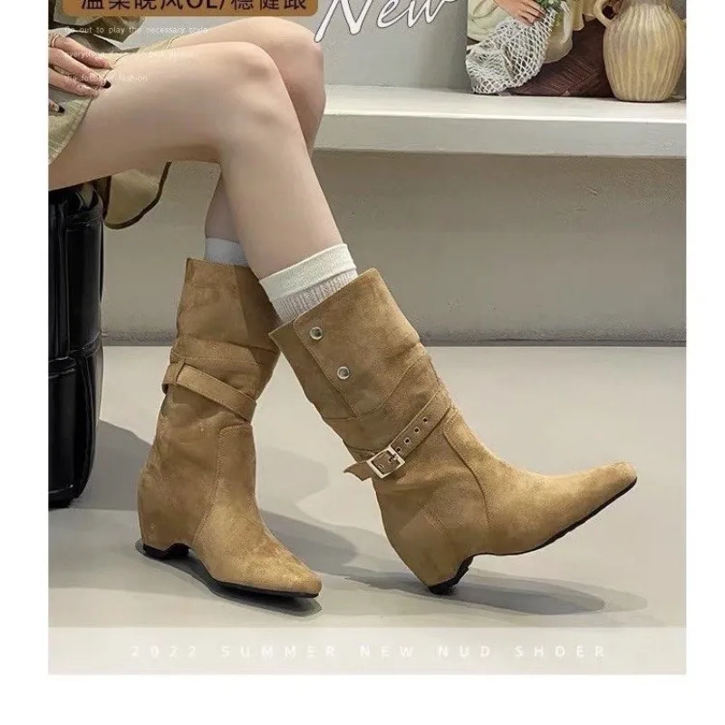 Hehe Boots Women's 2026 Spring/Summer New Product - Fur-Lined Platform Thick Heel Square Toe Mid-Calf Boots