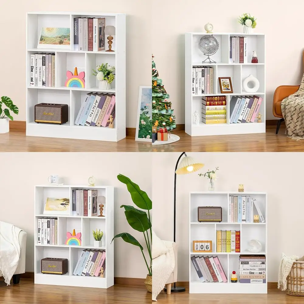 

Modern Horizontal Wooden 3-Tier Bookshelf, Floor Display Storage Cabinet with Base, White Contemporary Bookcase for Home Office