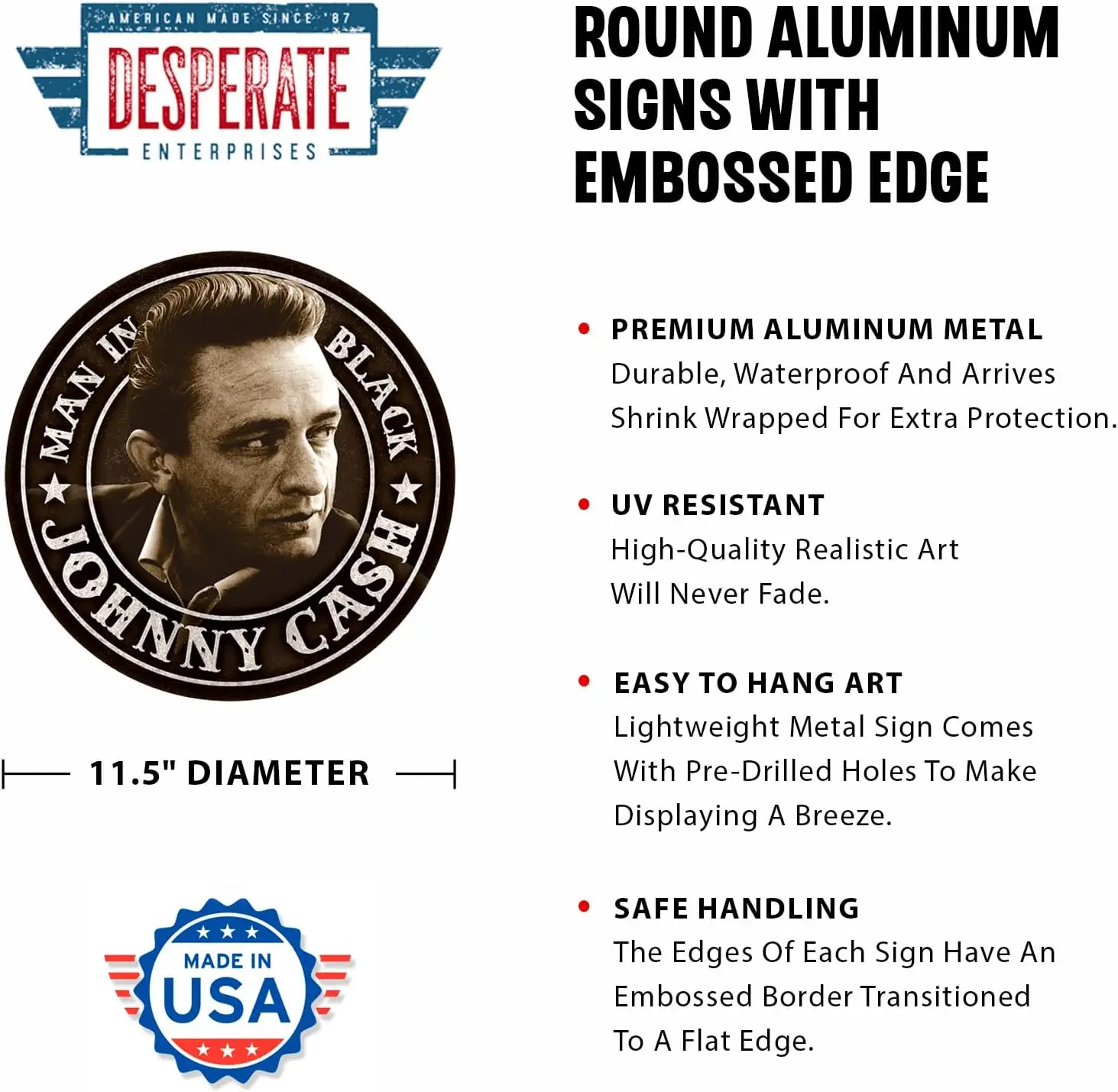 Desperate Enterprises Johnny Cash - Man in Black Round Aluminum Sign with Embossed Edge, 11.75