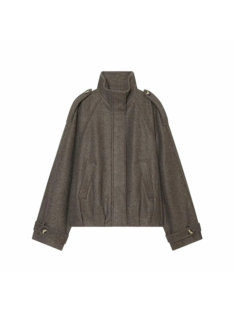 New Arrival Commuter Aviator Jacket  Women Stand Collar Strap Buckle Decor Long Sleeve Cropped Loose Fit Fall Lady Outerwear