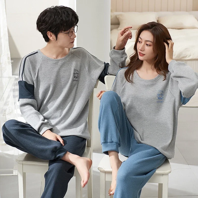 2026 Autumn Couple Long Sleeve Cotton Pajama Sets for Men Korean Loose Sleepwear Pyjama Women Homewear Lounge Wear Home Clothes