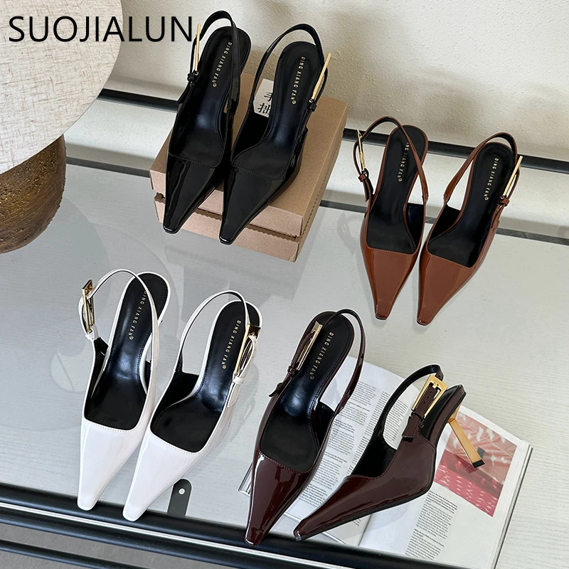 SUOJIALUN 2024 Spring New Band Women Pumps Shoes Fashion Shallow Slip On Slingback Sandals Thin High Heel Dress Sexy Pumps Shoes