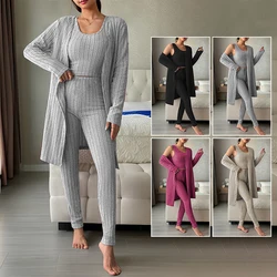 Women's casual vest long sleeve striped knitted cardigan slim slim trousers home three-piece set outside wear suit