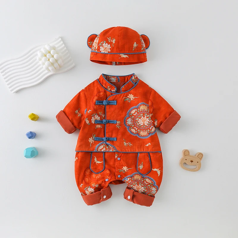 

Spring New Style Chinese Traditional Girl Baby Romper Boy Baby Ceremony Clothes Floral Pattern Long Sleeve Stand Collar Suit