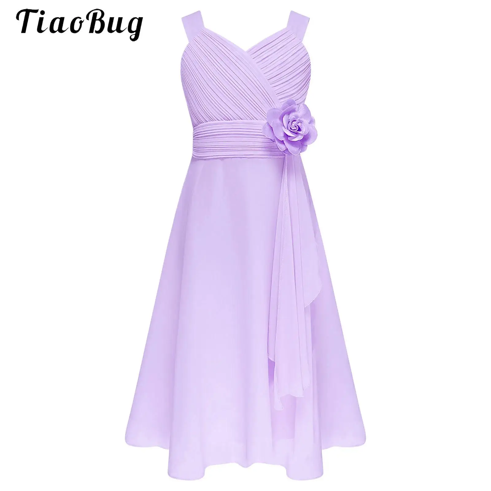 Summer Fashion Flower Girls Dress Wedding Birthday Party Kids Chiffon Dress Sleeveless Ruched Bodice Elegant Princess Dress