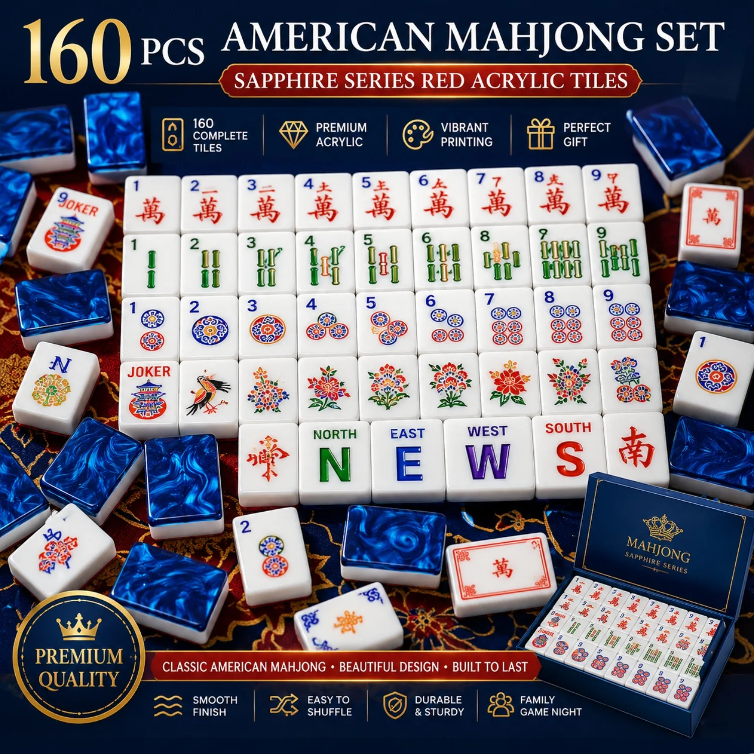 American sapphire series red acrylic American mahjong tiles, home gift set hand rubbing card crystal hemp