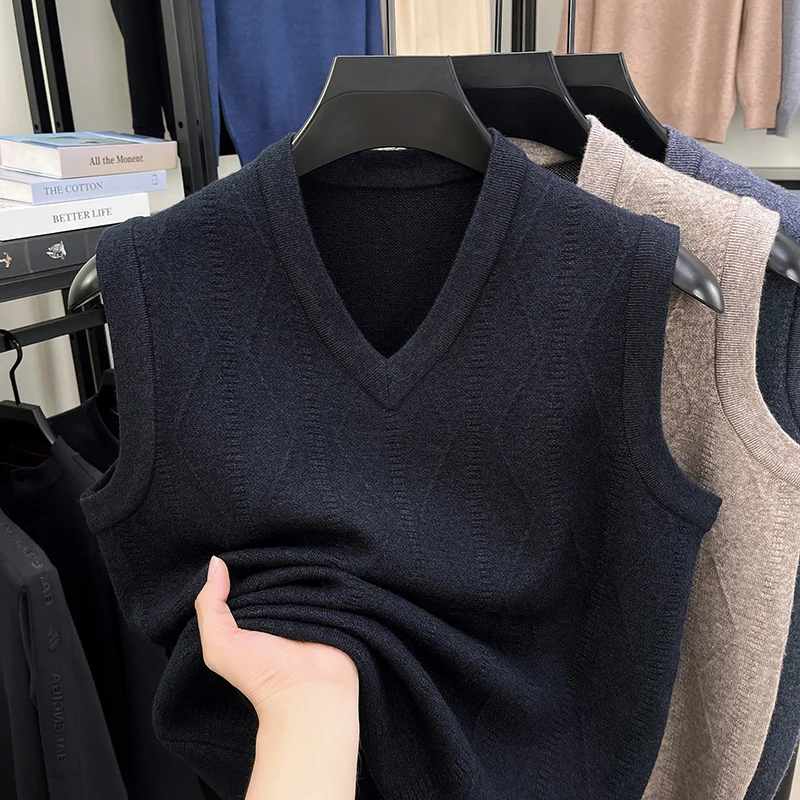 2025 الراقية شتاء جديد منتصف العمر الرجال الخامس الرقبة تانك القمم محبوك مع المخملية سميكة الدافئة سترة الكتف #6