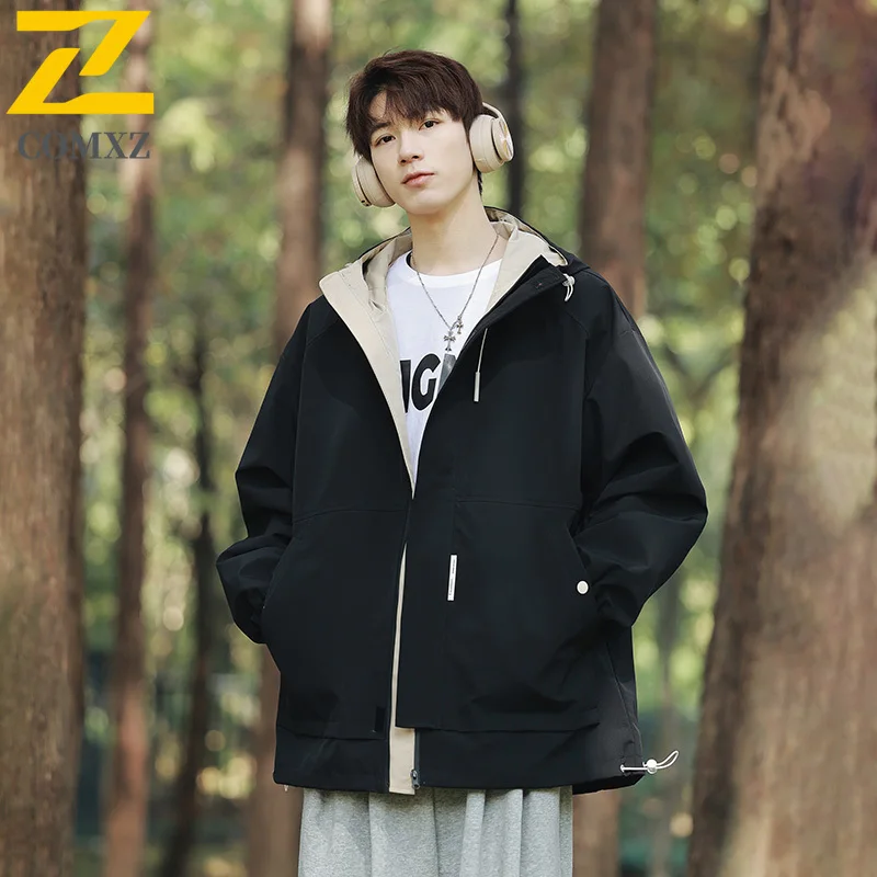 Outdoor Camping Waterproof Jackets Men's Autumn New Casual Trendy Work Hooded Windbreaker Street Clothing Harajuku Loose Coats