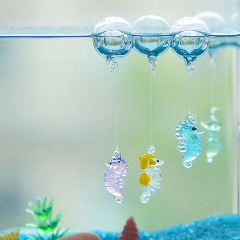 Camal 1PCS Floating Glass Bubble Ball With Luminous 28mm Seahorse Mini Figurine Pendant Aquarium Fish Tank Landscaping Decor