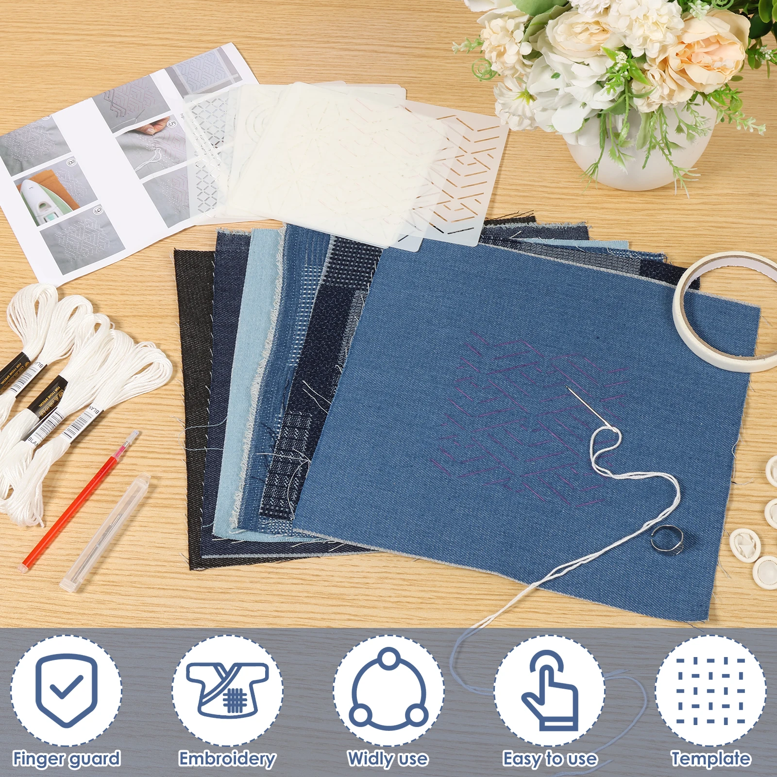 12Pcs Sashiko Stencils Kit Complete Sashiko Thread and Needles Thimble Set Denim Fabric Embroidery for Beginners Hand Quilting