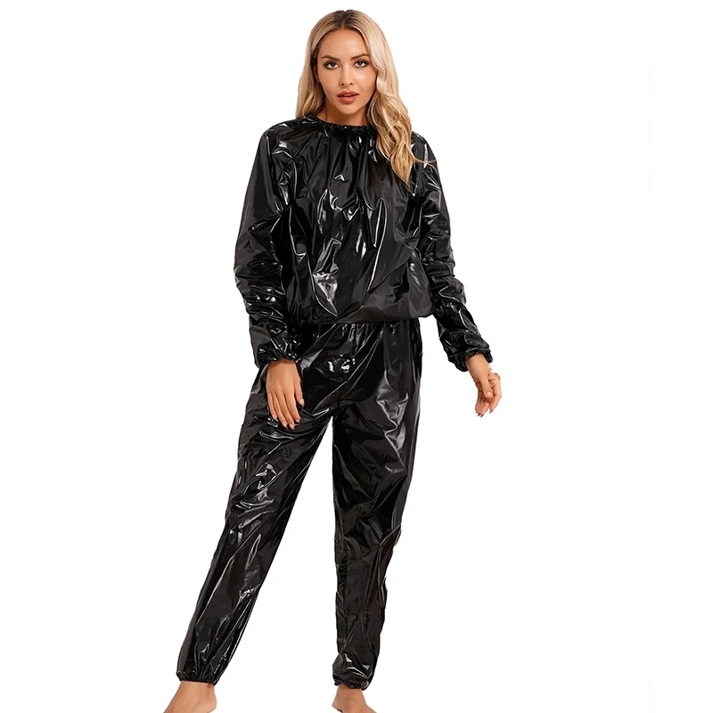 Women Patent Leather Set Elastic Cuff Top Loose Pants Suits Unisex Casual Shiny PU Sportswear Sets New Entertainment Custom