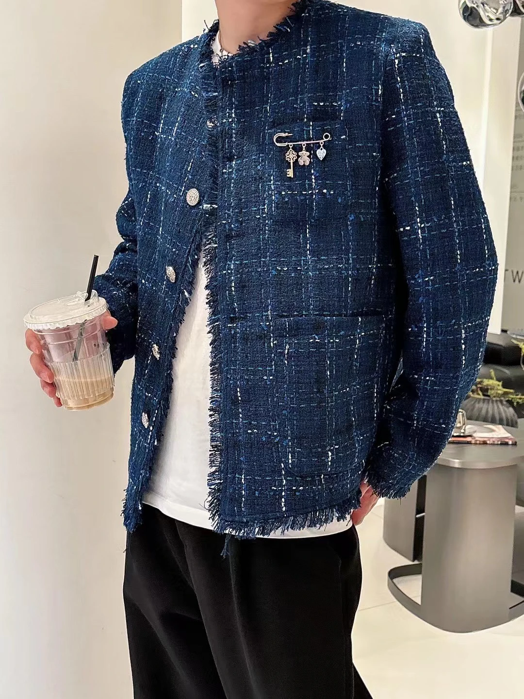 

Mr. Hai Autumn Winter Men's Retro Tassel Hem awl Collar Padded oulder round Ne Jaet Korean Sle Loose Fit Youth Faion