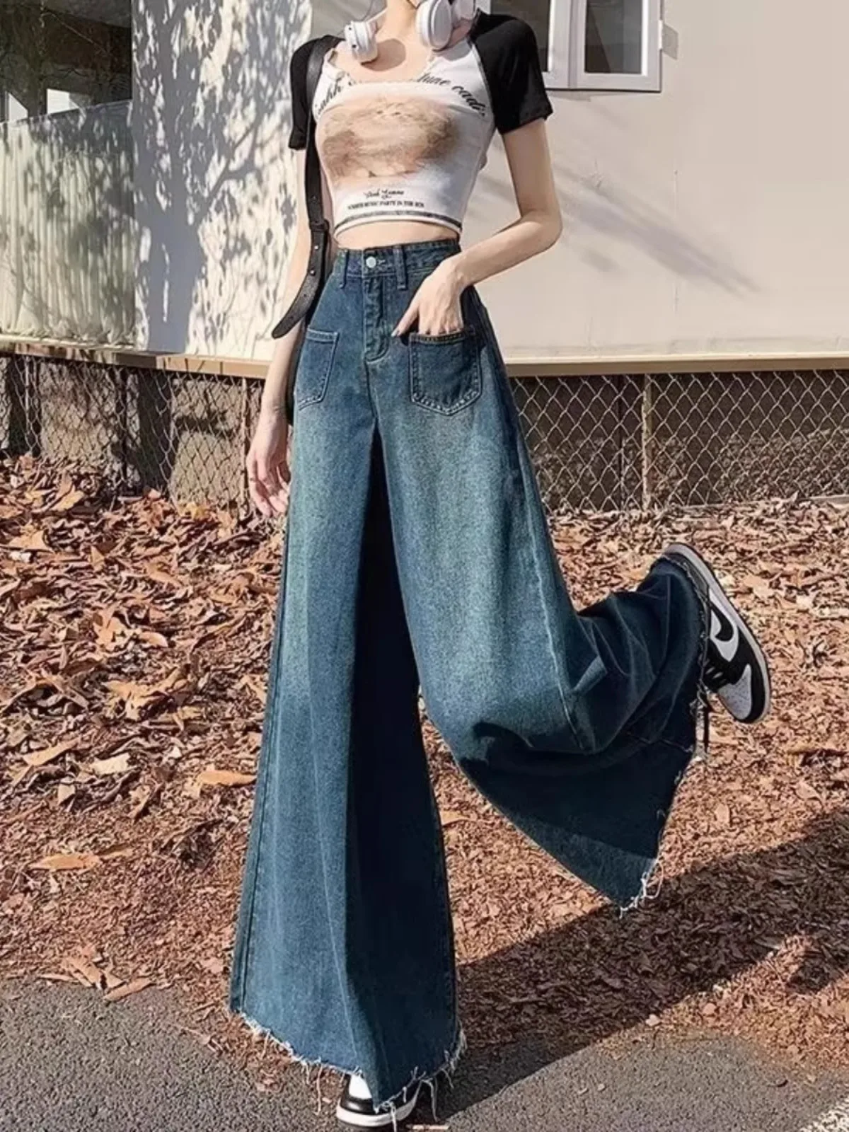 Spring High Waist Wide Leg Jeans for Women 2025 Korean Retro Oversized Blue Denim Pants Female Daily All-Matched Trousers