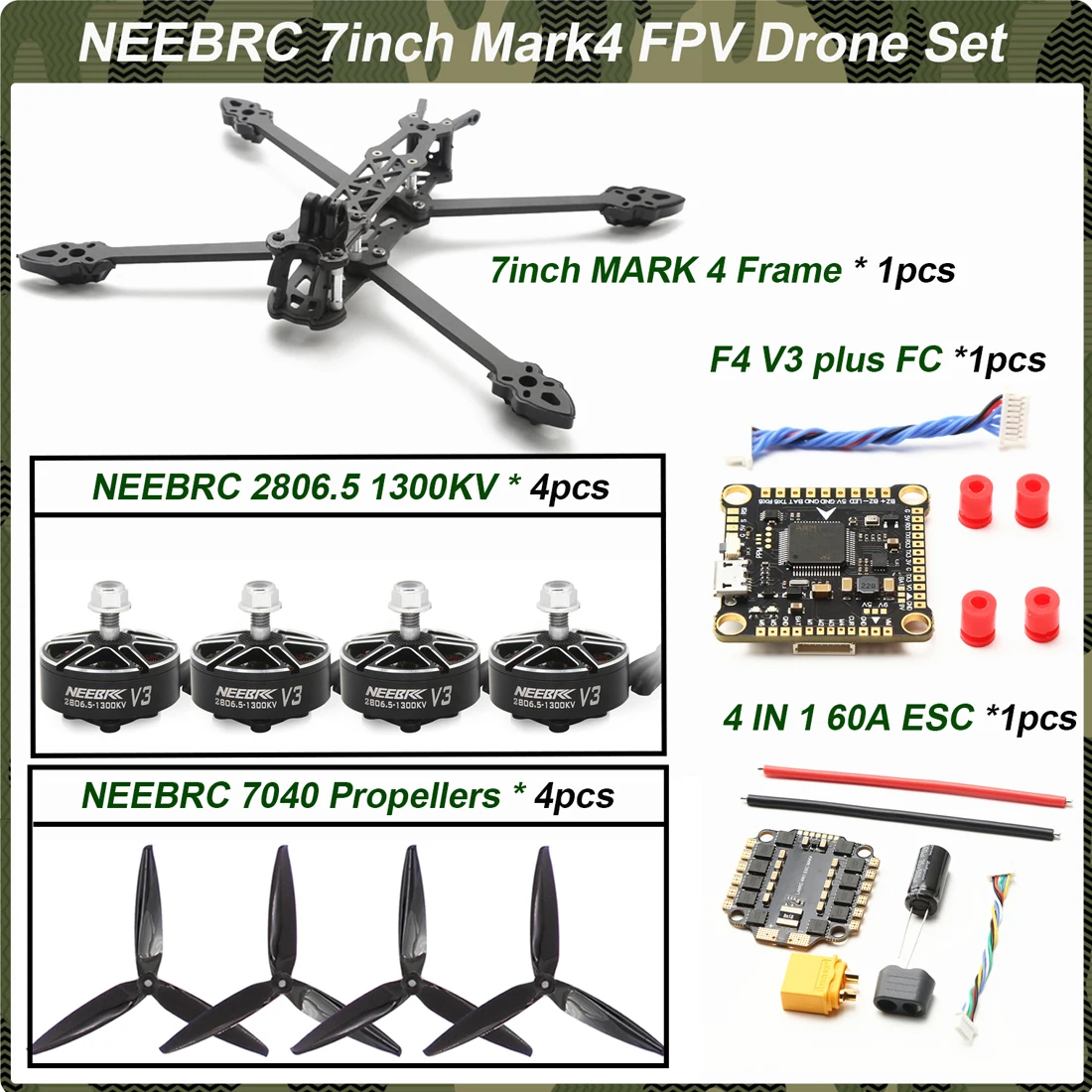 

NEEBRC MARK4 7inch Frame Carbon Fiber 2806.5 Brushless Motor 7040 Propeller 60A ESC F4V3 Flight controller For FPV Racing Drone