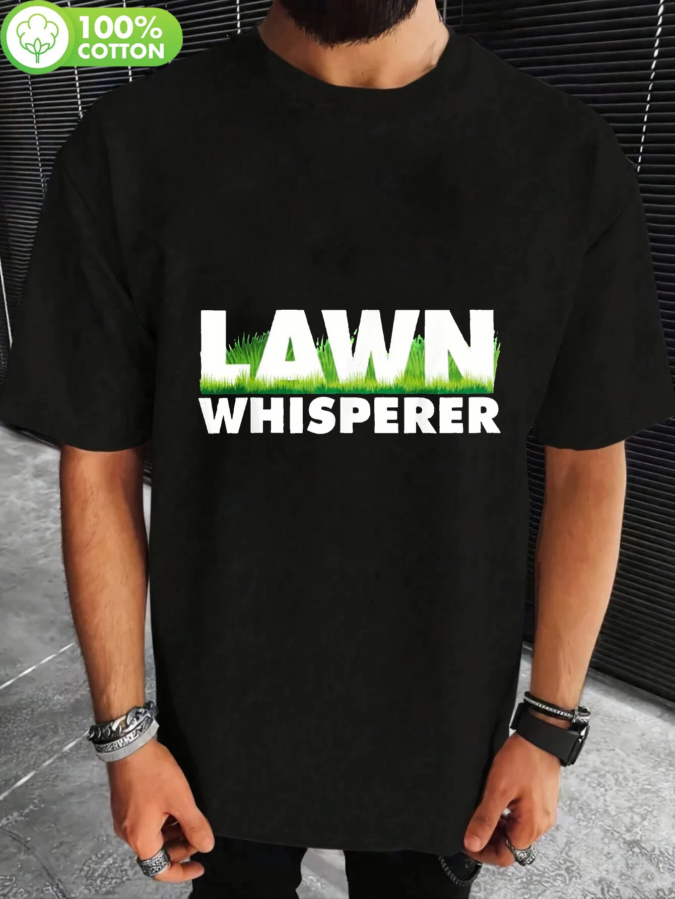 2026 Lawn Whisperer Funny Gardening T-Shirt for Men & Women - 100% Cotton Black Tee with White Lawn Mower & Grass Print, Casual