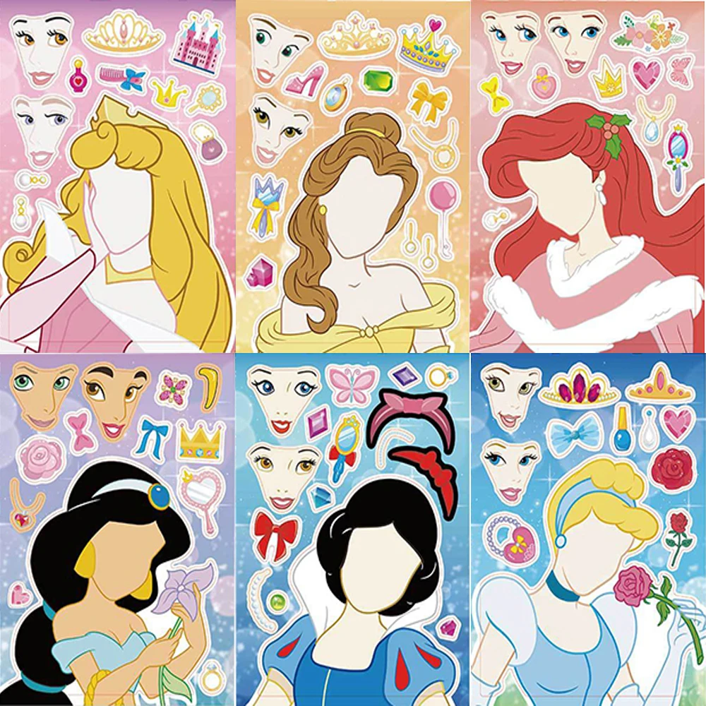 8/16Sheets Cartoon Disney Princess Puzzle Stickers Make-a-Face DIY Assemble Jigsaw Educational Party Favors Scrapbooking Sticker - view 6