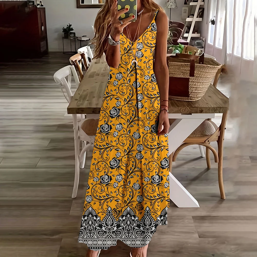 Vintage Ethnic Style Spaghetti Strap Dress For Women Summer Casual Daily U-Neck Tank Dress Holiday Loose Large Hem Maxi Dresses