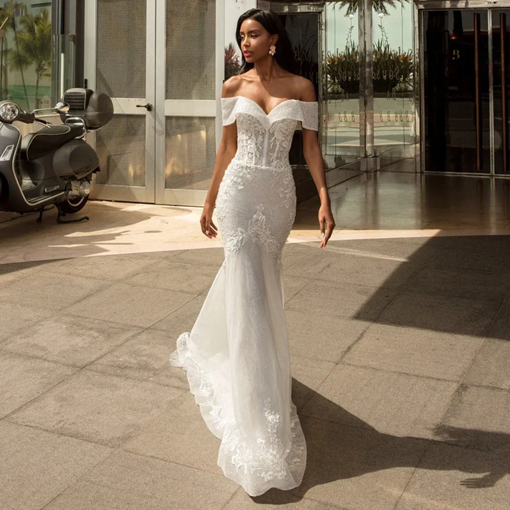 

Elegant Mermaid Lace Decal Women's Wedding Dress New Sexy V-Neck Off Shoulder Short Sleeved Ballroom Bride Dress Customized