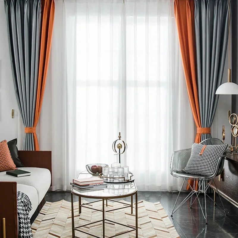 Modern Luxury Cotton Curtains for Living Dining Room Bedroom Simple Blackout Color Blocking Simple Nobility Splicing Custom Size