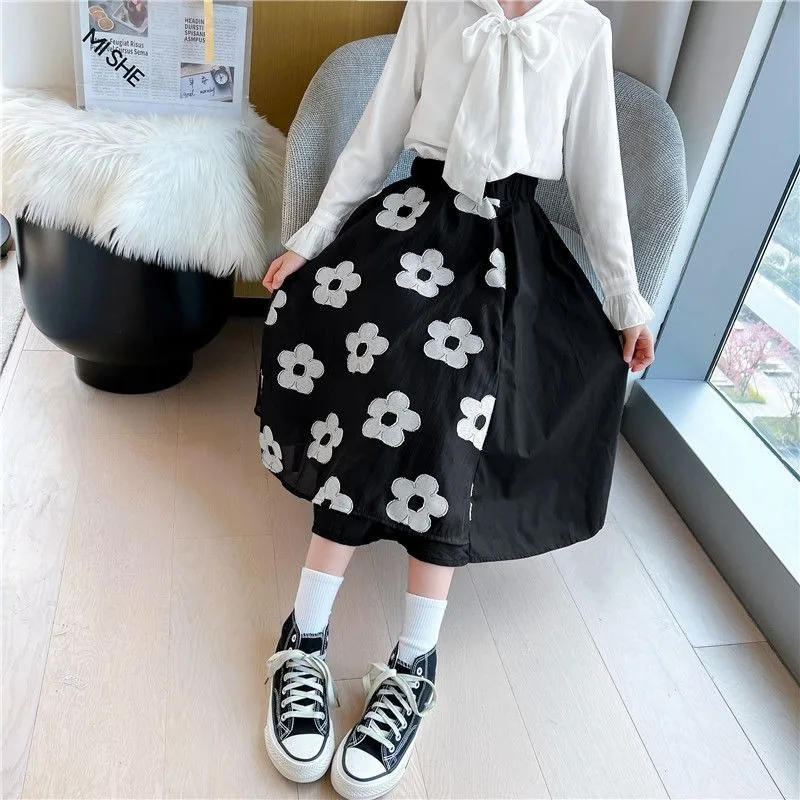 

2025 New Korean Style Girl's Versatile Skirt for Children Spring Autumn A Line Skirt with Lace Trim Medium Large Kids Spring