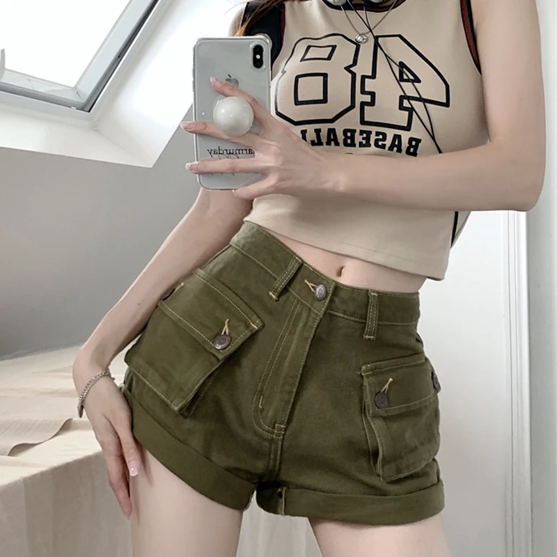 

Cool Girls High Waist Soft Cotton Shorts 2023 Summer Fashion Ladies Casual Pocket Straight Shorts Women Chic Bottoms