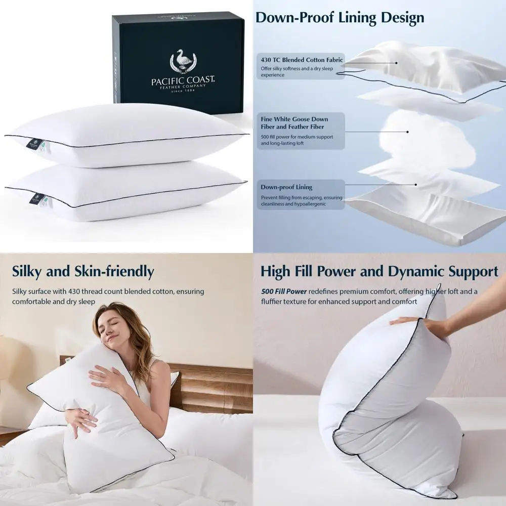 

Queen Size Goose Down Fiber Pillows Set of 2 - Medium Support, White, Hotel-Quality for Comfortable Sleeping