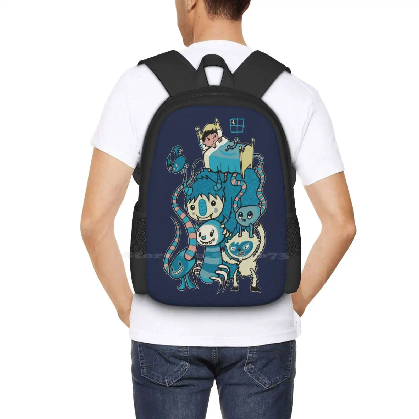 The Under My Bed Pattern Design Bag Student'S Backpack Monsters Beasts Creatures Under The Bed Go Bump Night Bed Time Adorable