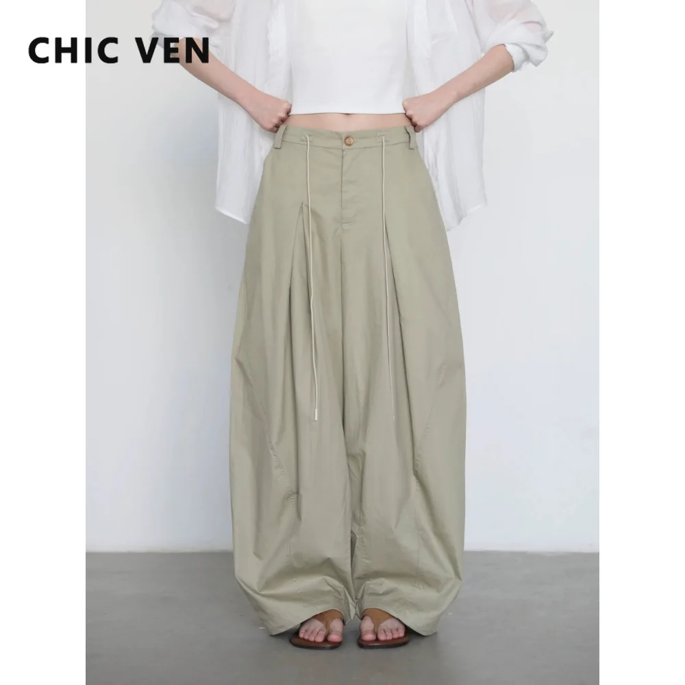 CHIC VEN New Women Pant Solid Loose Casual Cotton Thin Wide Leg Pants Drawstring Girl Trousers Folded Spring Summer 2026 Clothes
