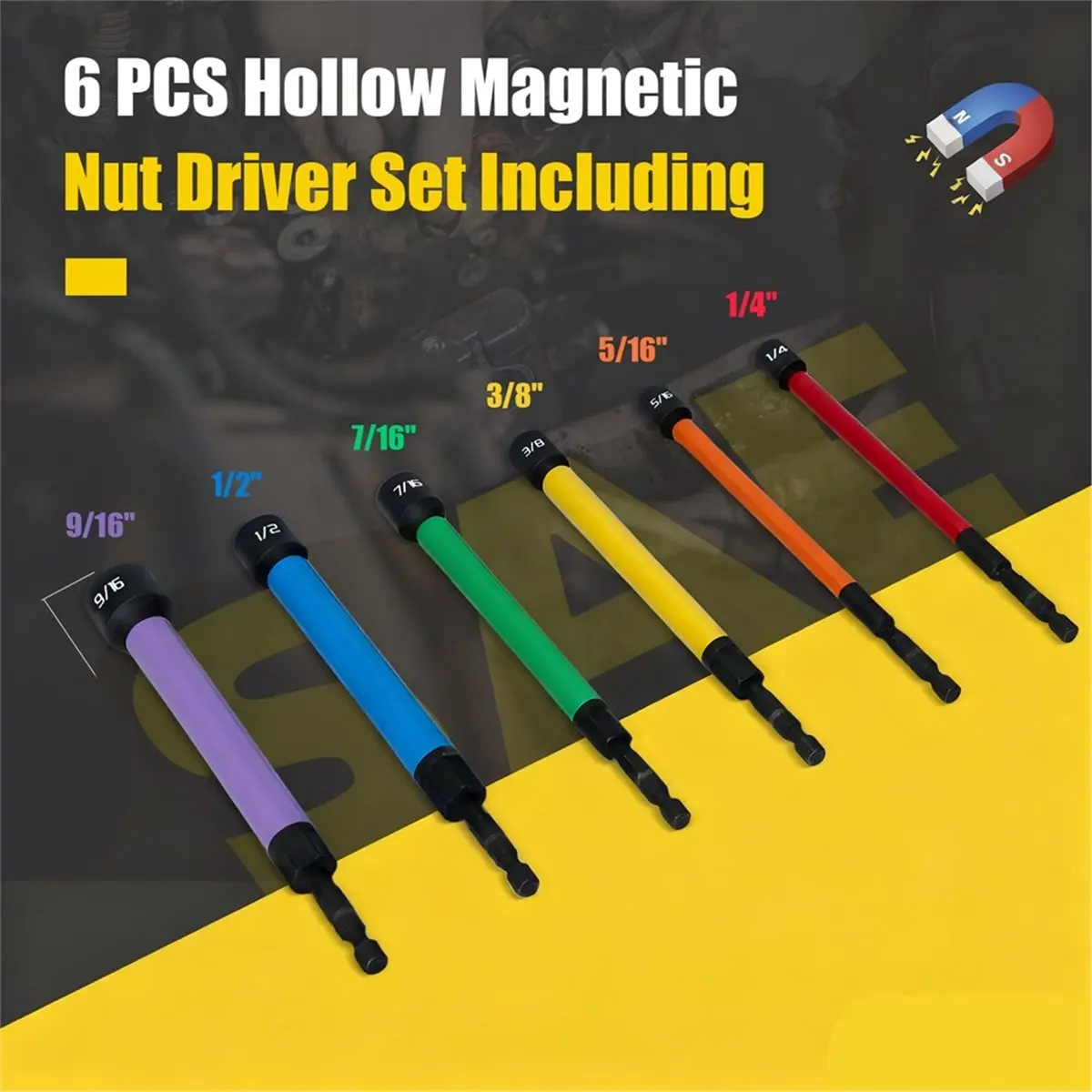 Best sales 2026 6 PCS Hollow Nut Driver Set, Magnetic Nut Driver Set, Hollow Shaft Nut Driver Set, SAE, Color Coded, Hex Sizes