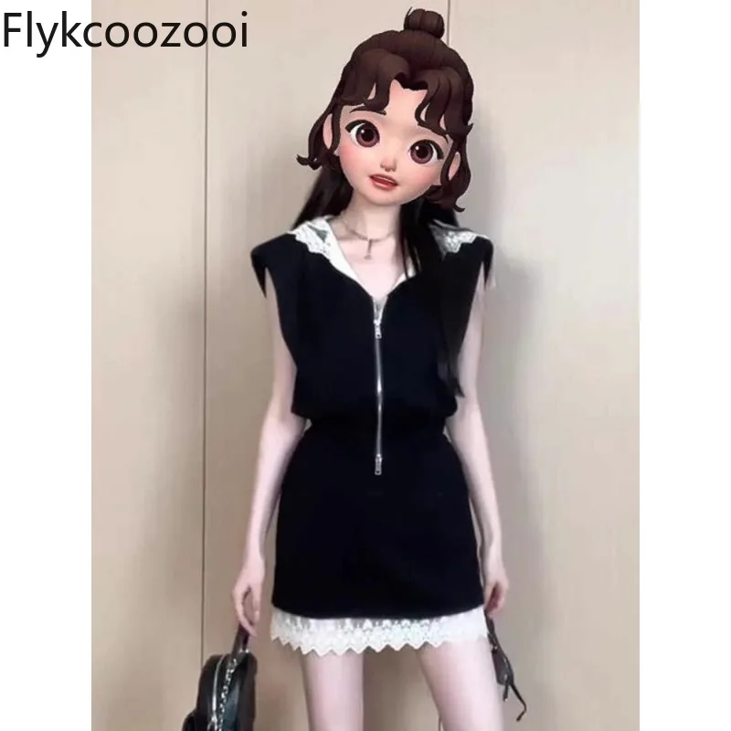 

Celebrity Casual Lace Patchwork Zippers V-neck Tank Top Women Sheath Wrap Mini Skirt Summer Girls Sweet Normcore Outfits