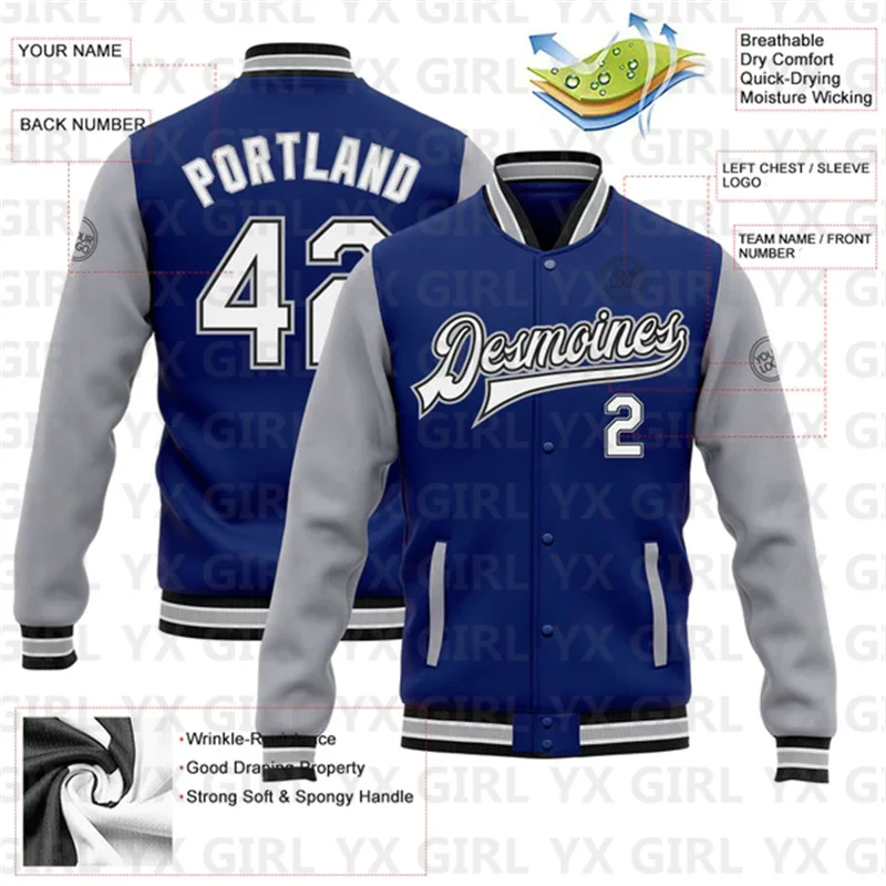 Jaqueta personalizada Full Snap Varsity, Jaqueta de beisebol, 2 tons, 3D, Real, Preto, Cinza, Varsity, Branco