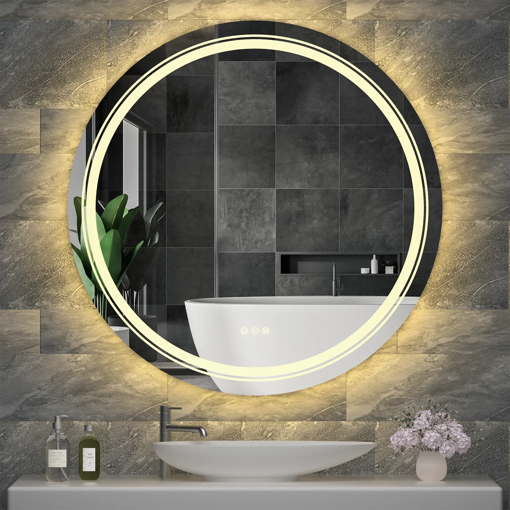 900mm LED Round Dimmable 3 Colors Smart Touch Anti-Fog Mirror with Memory Function Backlit Front Large Wall Mounted LED Mirrors