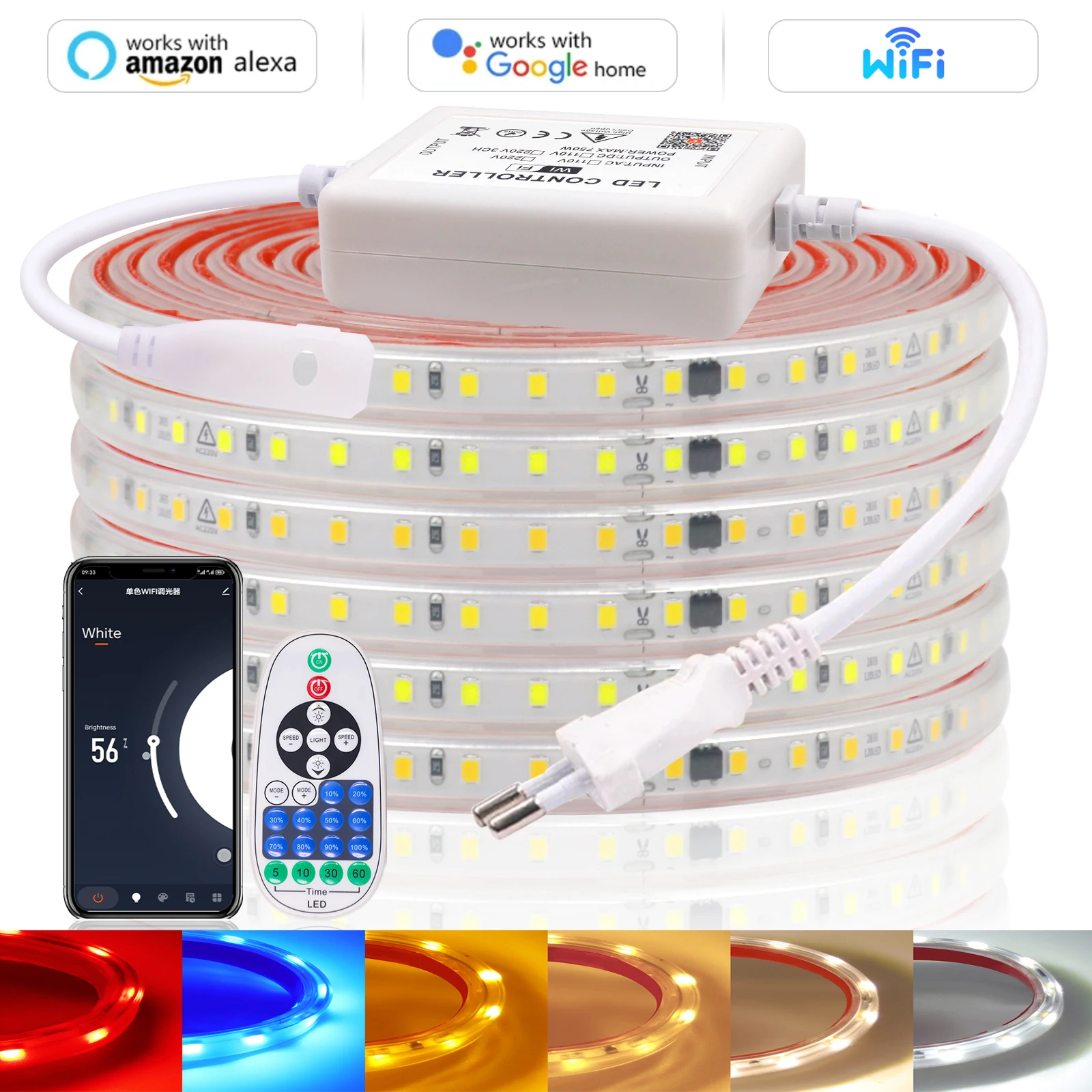 

220V Tuya WiFi LED Strip Light Dimmable 2835 120LEDs Flexible LED Tape with Adhesive Tape Waterproof Ribbon Ligth EU Plug Decor