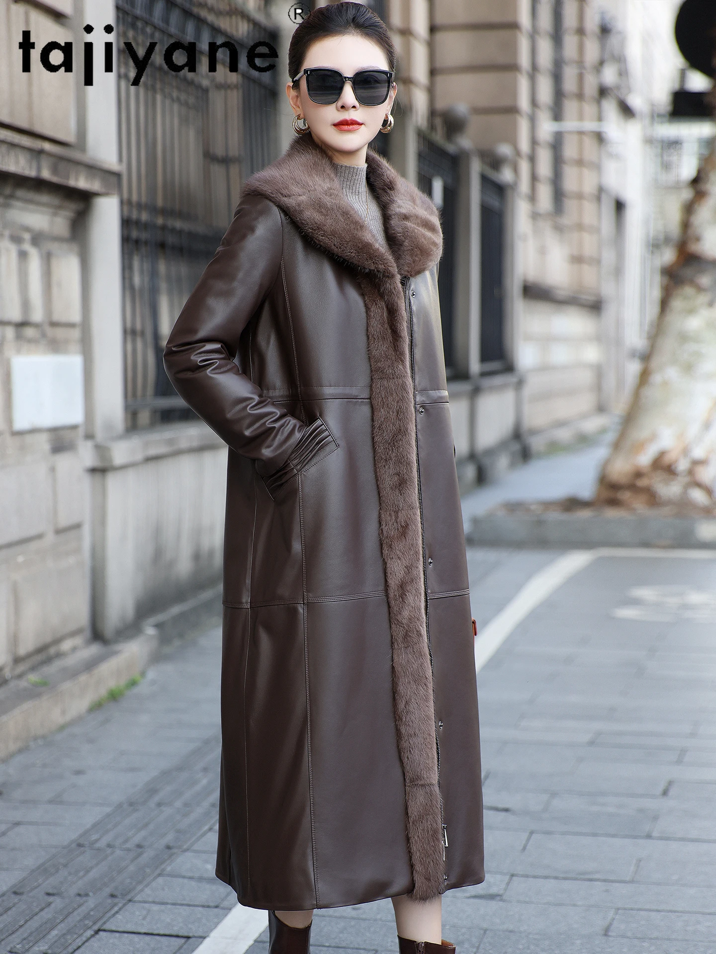 TAJIYANE طبقة علوية من جلد الغنم أوزة أسفل معاطف امرأة Muskrat الفراء طوق معطف الشتاء طويل سترة جلدية حقيقية ملابس حريمي 2025