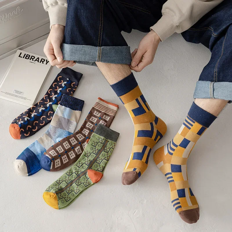 

New Middle Tube Cotton Socks Fashion Geometric Pattern Cute Bear Plaid Ins Wind Middle Tube Pile Pile Straight Socks