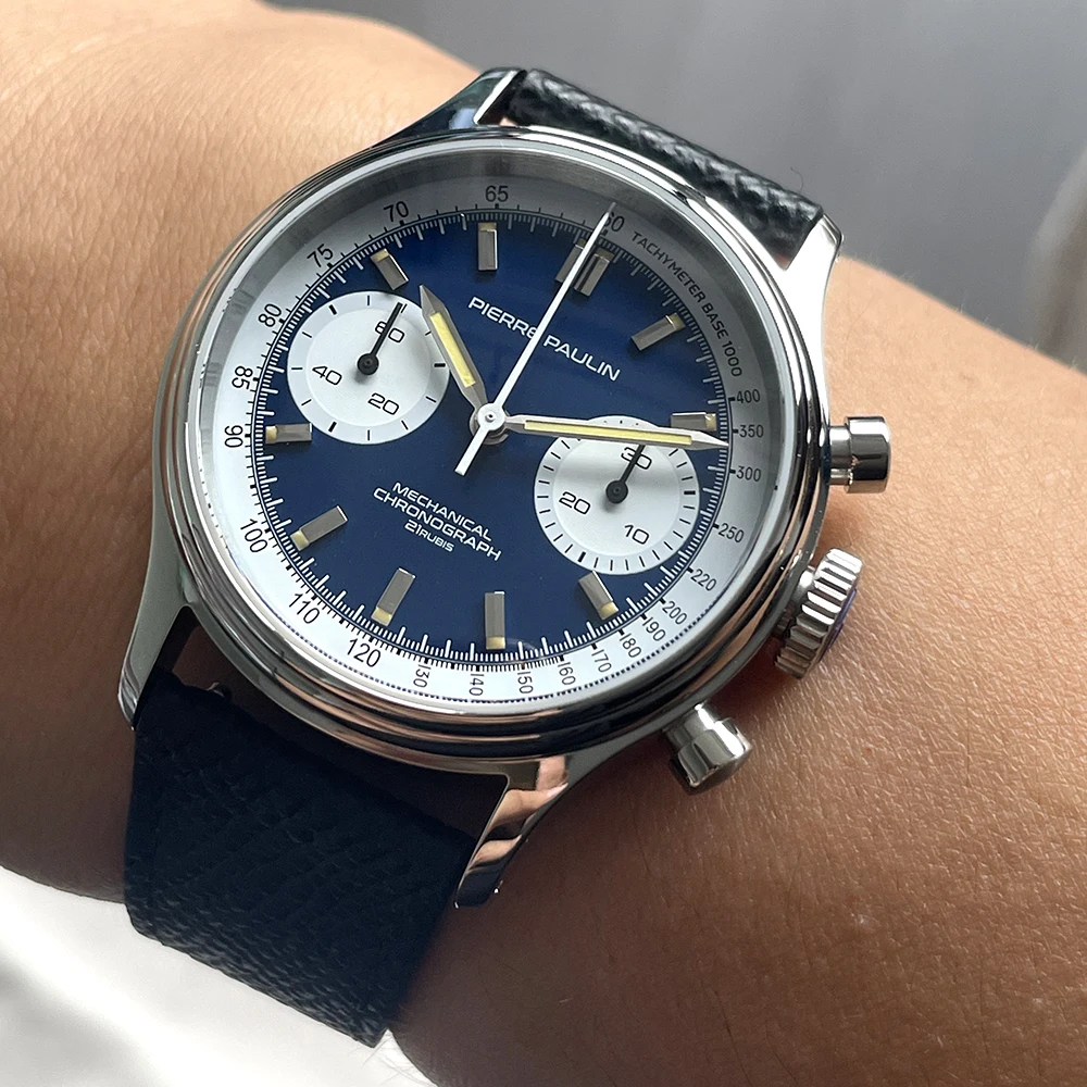 بيير بولين ريترو 70's خمر الباندا نمط كرونوغراف الميكانيكية للرجال معقد 38 مللي متر الأزرق الفاخرة الكلاسيكية ساعة معصم
