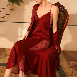 FXTF Lace Silk Satin Women Nightgown Sleeveless V Neck Sleepwear Solid Long Nightwear Dress Female V Cut Back Homewear Clothing