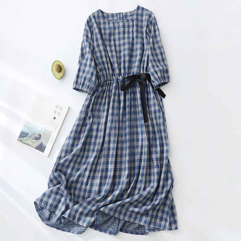 

Pop Cotton Linen Bohemian Women Dresses New Summer Puff Sleeve Holiday Beach Dress Elegant Plaid Bowtie Sundress Vestidos