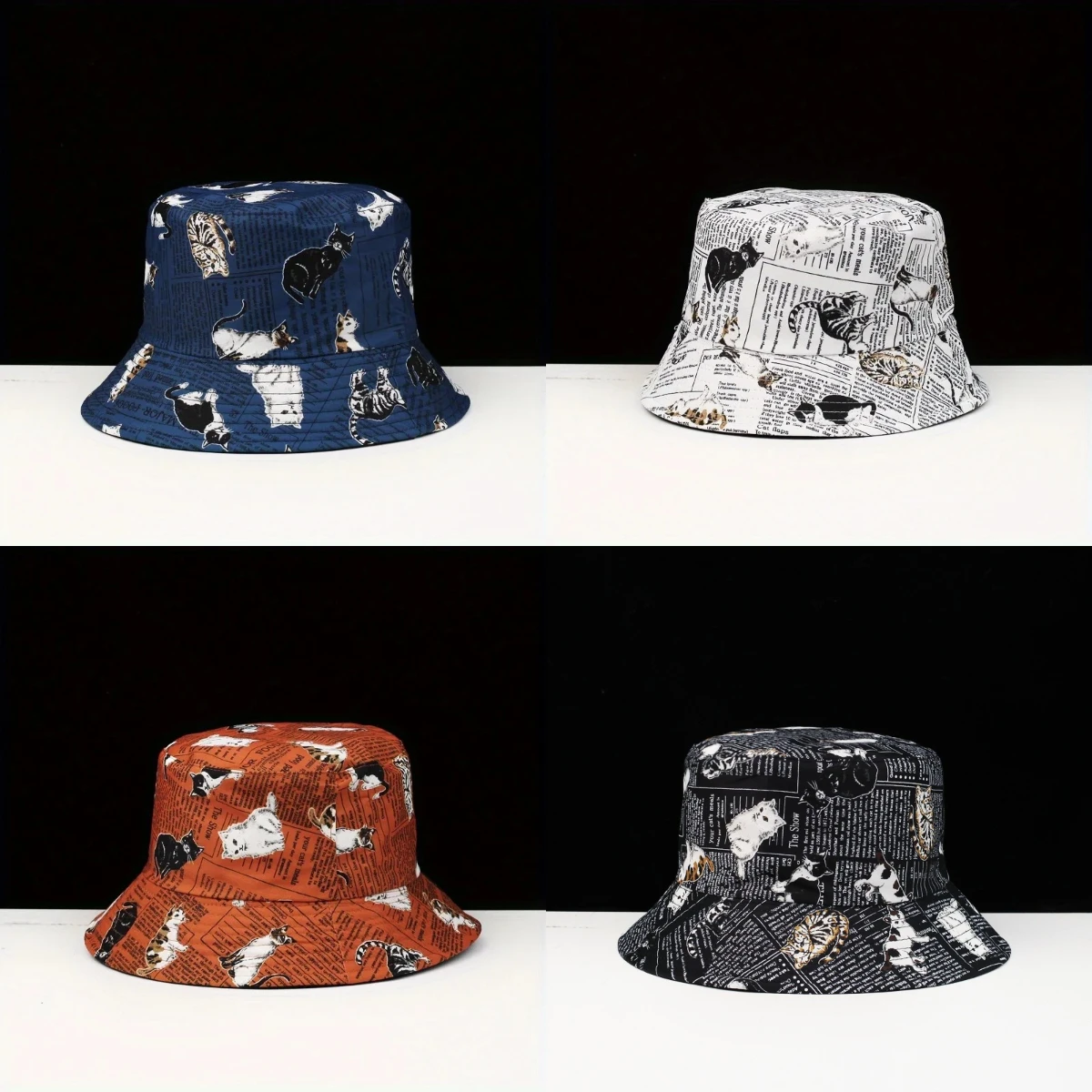 Cat Newspapers Print Bucket Hats Reversible Breathable Sun Protection Fisherman Hat For Men Women Summer Sports Hiking Bob Cap