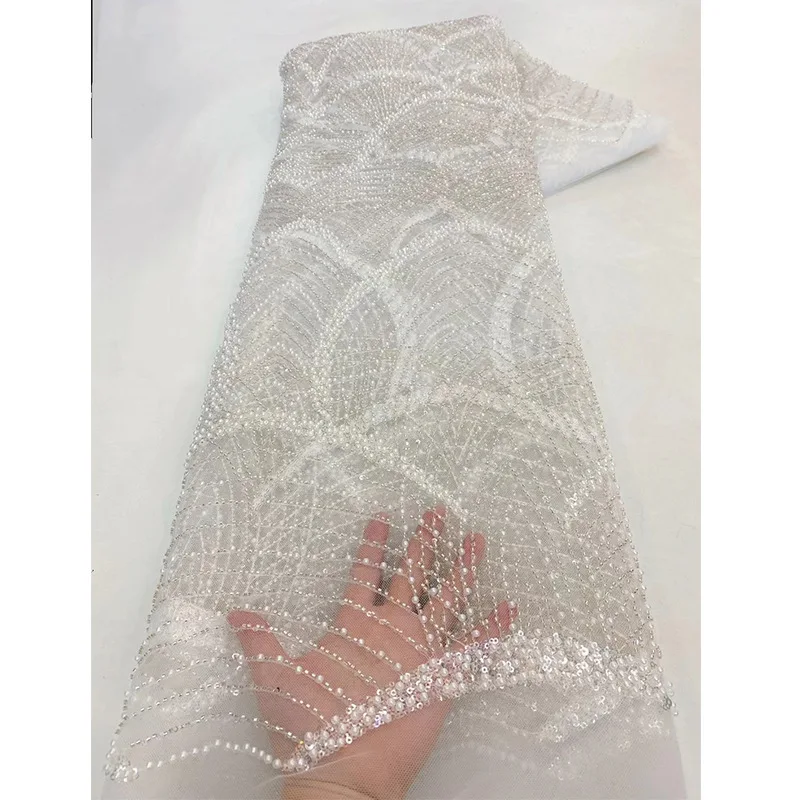 Mesh Fabric with Large Floral Design Beads Pearl Heavy Embroidery Sequin European American Style Dress Wedding Gown Fabric