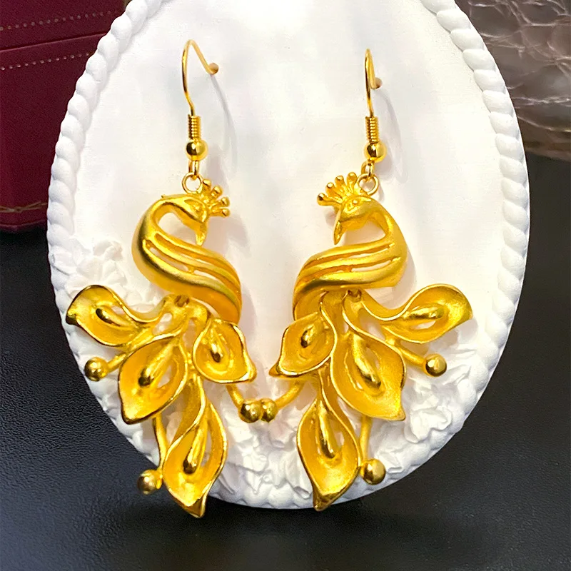 Replaceable ear clips, earrings for brides and women, earrings in the shape of a phoenix 9999gold