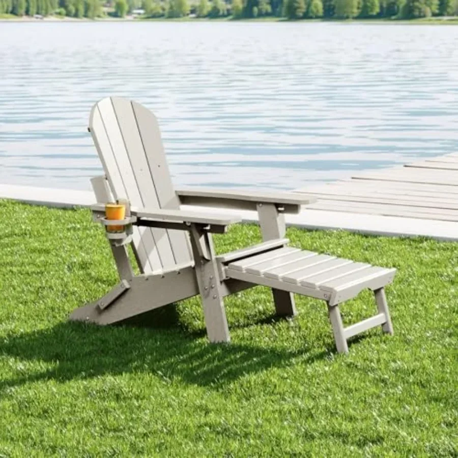 Outdoor Folding Adirondack Chair with Adjustable Backrest, Retractable Footrest, and Cup Holder, Made of Weather-resistant Poly
