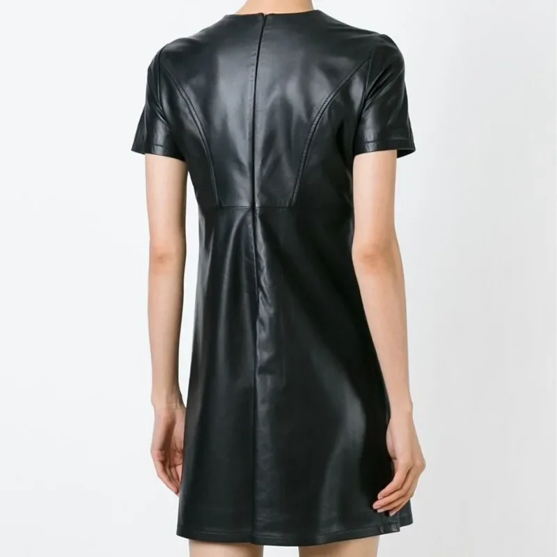 Black Leather Dress Genuine Lambskin Women Fashion Short Dress