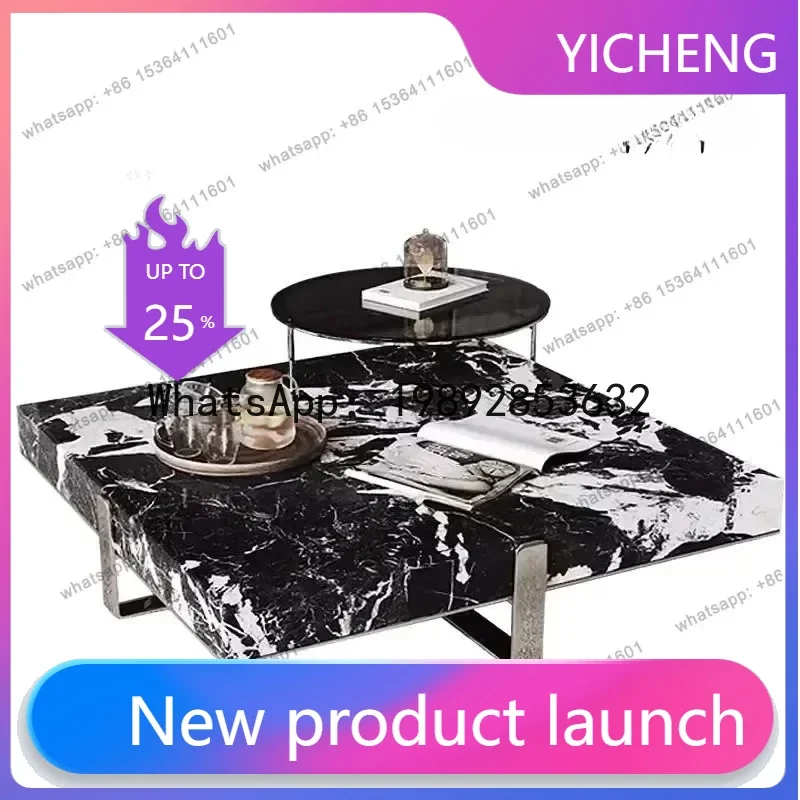 AB  Italian Minimalist Square Coffee Table, Black White Stone Top, Heat-Resistant & Easy Clean, Sturdy Compact Designer Set