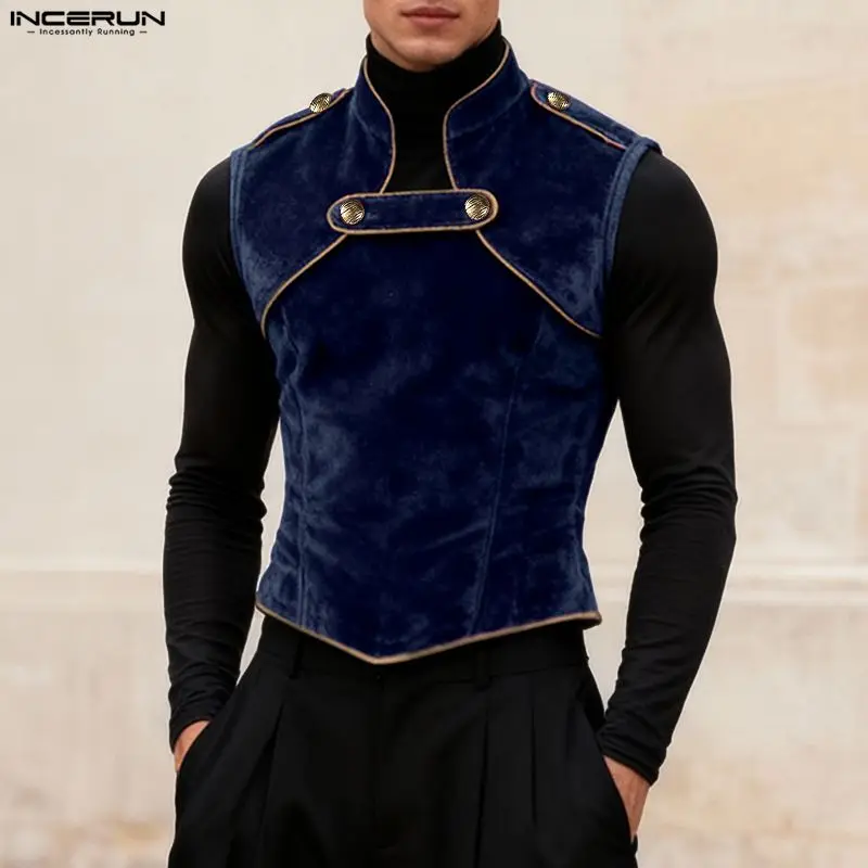 INCERUN Men Tank Tops Patchwork Stand Collar Sleeveless Casual Male Vests Streetwear Velour 2026 Fashion Crop Tops Men S-5XL