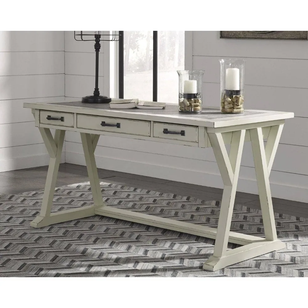 Jonileene Farmhouse Home Office Desk com gavetas, branco e cinza