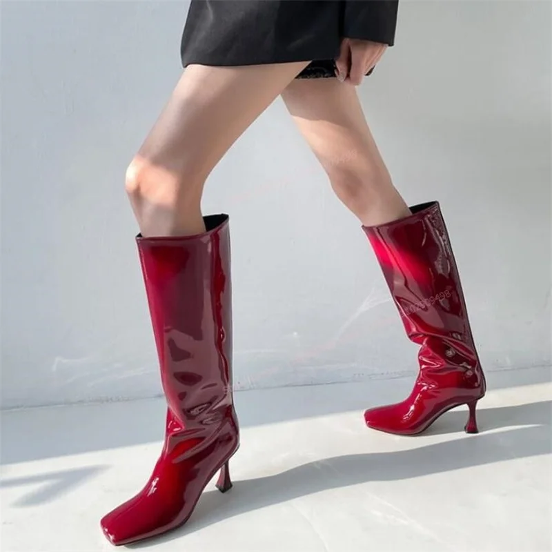 

Rose Red Square Toe Knee High Boots Patent Leather Shoes for Women Strange Style High Heels Sexy Shoes 2023 Zapatos Para Mujere